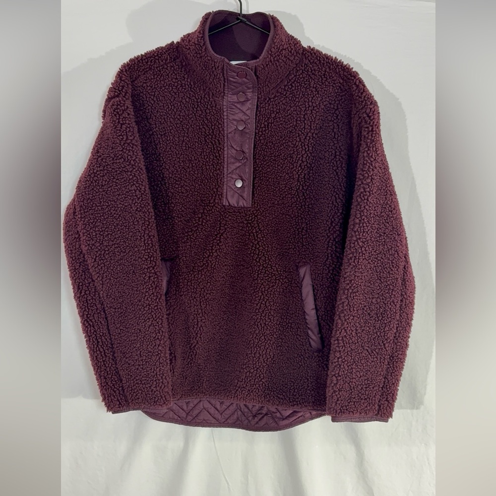 ATHLETA Cozy Plum Lined Sherpa Snap Sweatshirt Quilt Dark Purple Kangaroo Pocket
